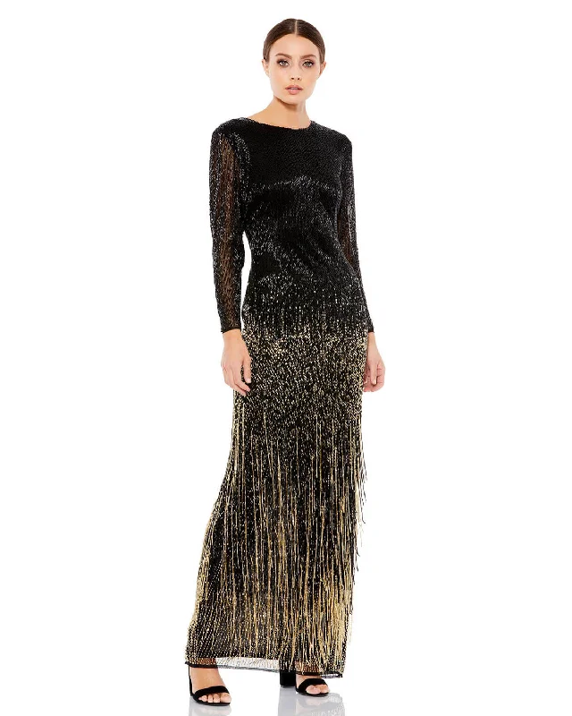 Women's Resort Attire Long Sleeve Beaded Fringe Evening Gown