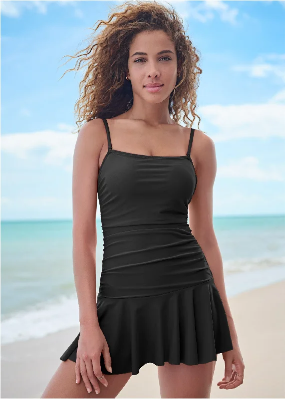 Women's Formal Apparel Skirted Bandeau Swim Dress - Black Beauty